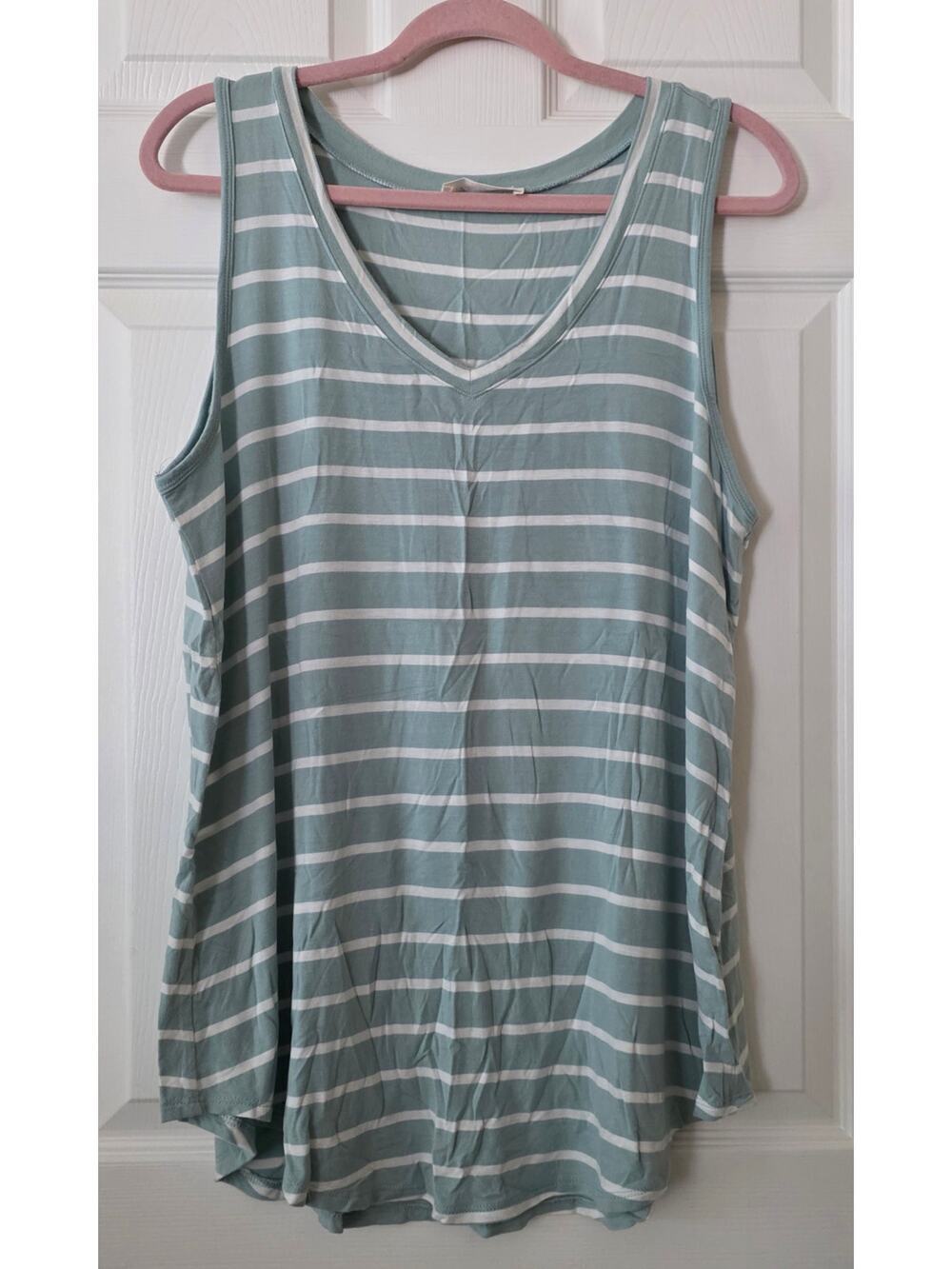 Zenana Outfitters Sage Green & White Striped V-neck Tank Top Size 1X